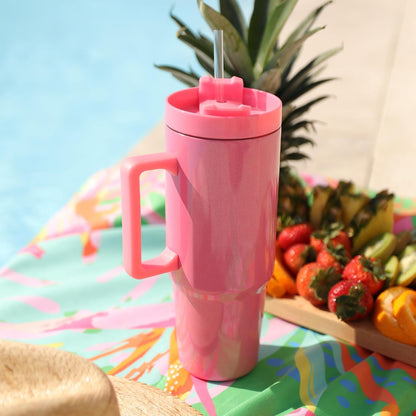 Pink 30 oz To-Go Tumbler with handle and straw; double wall insulated. Other sizes available.