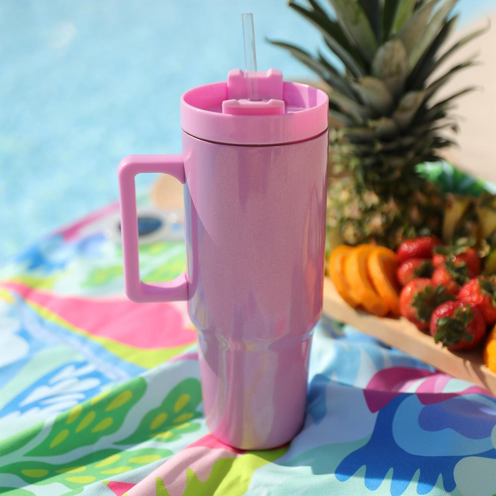 Shiny pink To-Go Tumbler, 30 oz with straw, double wall insulation. Available sizes: 30 oz.