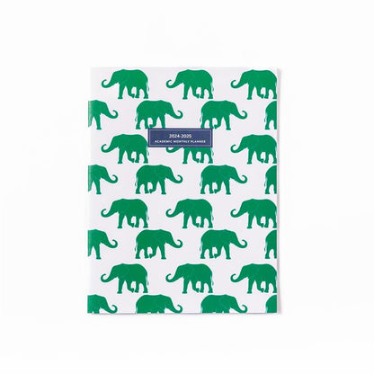 Large Academic Monthly Planner '24-'25 with white cover, green elephant rows, blue label; available in large size.