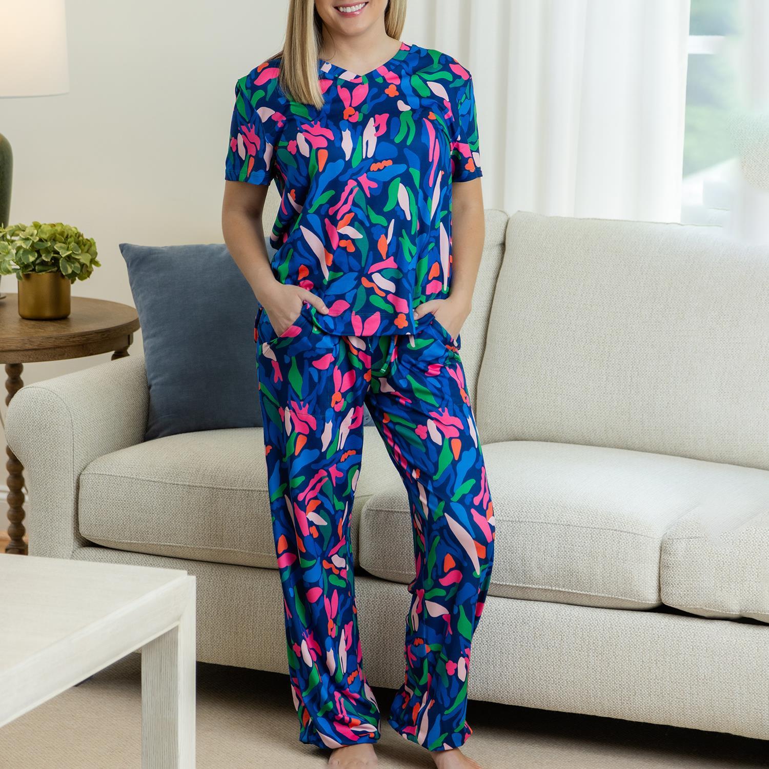 Alli Wishing Pool Navy Pants Set: Vibrant floral pattern in blues, pinks, and greens. Sizes available: S, M, L.