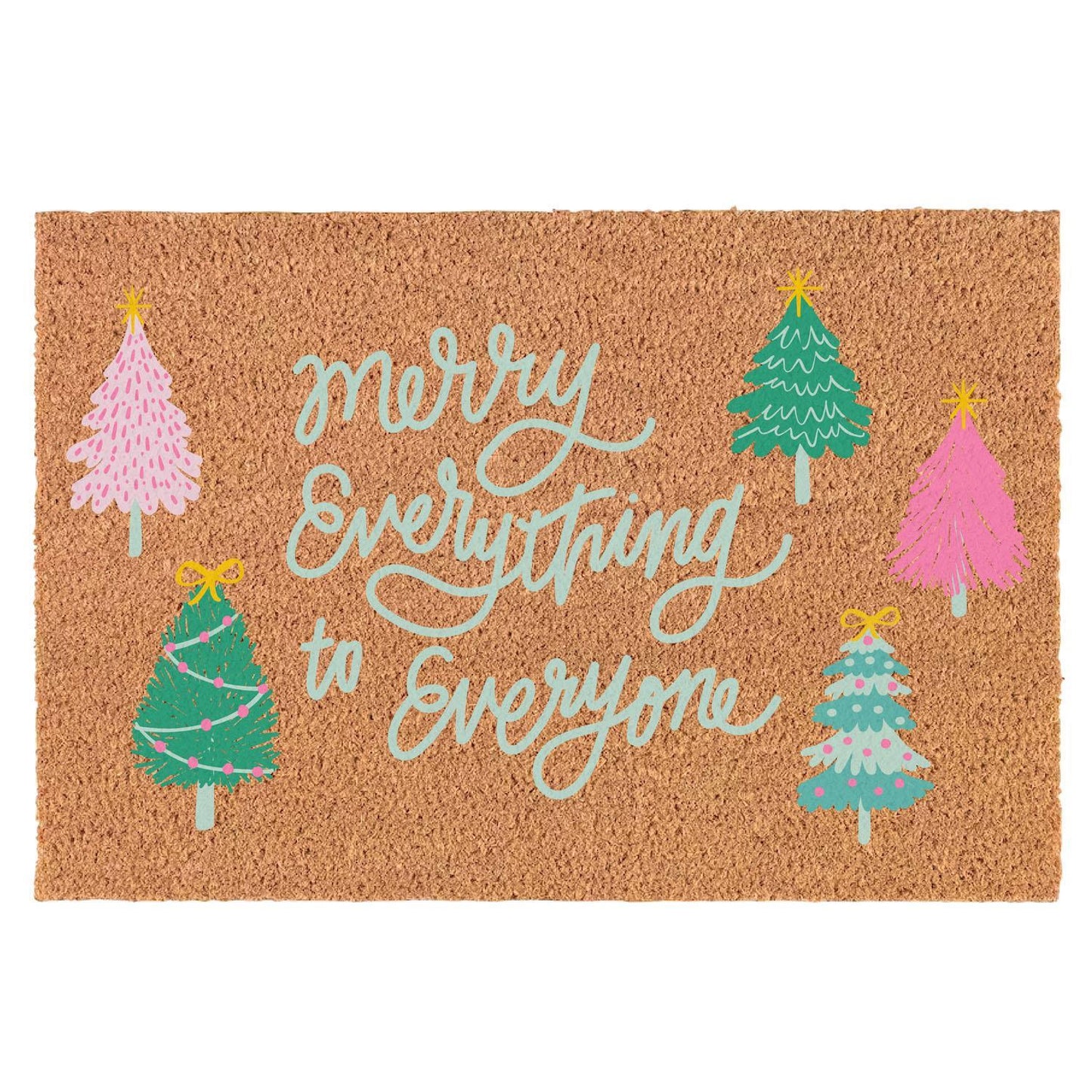 Festive Holiday Door Mat with "merry everything to everyone" in cursive, bordered by ornament-adorned Christmas trees. Available sizes: 18"x30", 24"x36".