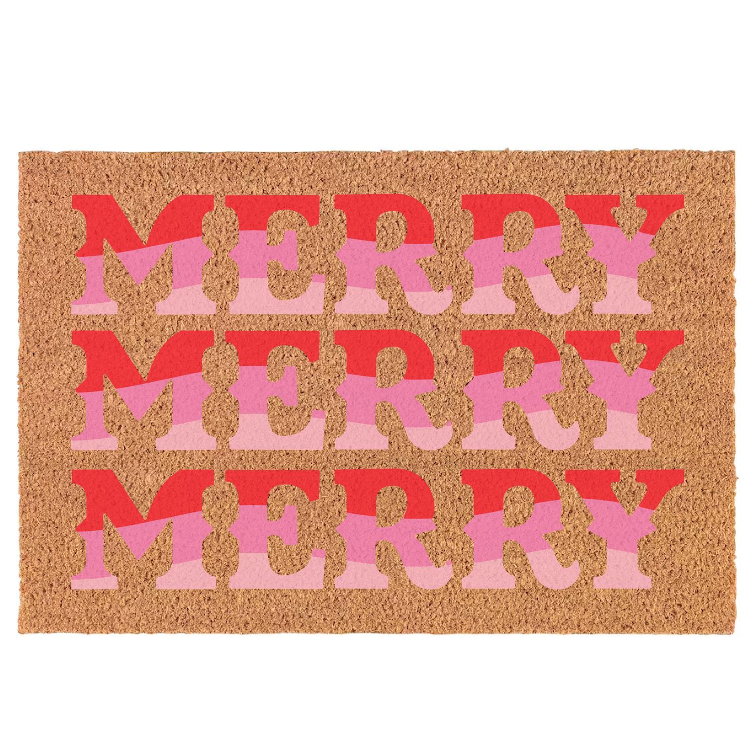 **Festive Holiday Door Mat**: Features "MERRY" in bold red and pink letters on a natural brown coir background. Available size: 18" x 30".