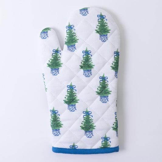 Christmas Oven Mitts: White quilted, green Christmas trees in blue pots, blue bows. Cheerful blue edge. Sizes: One size fits most.