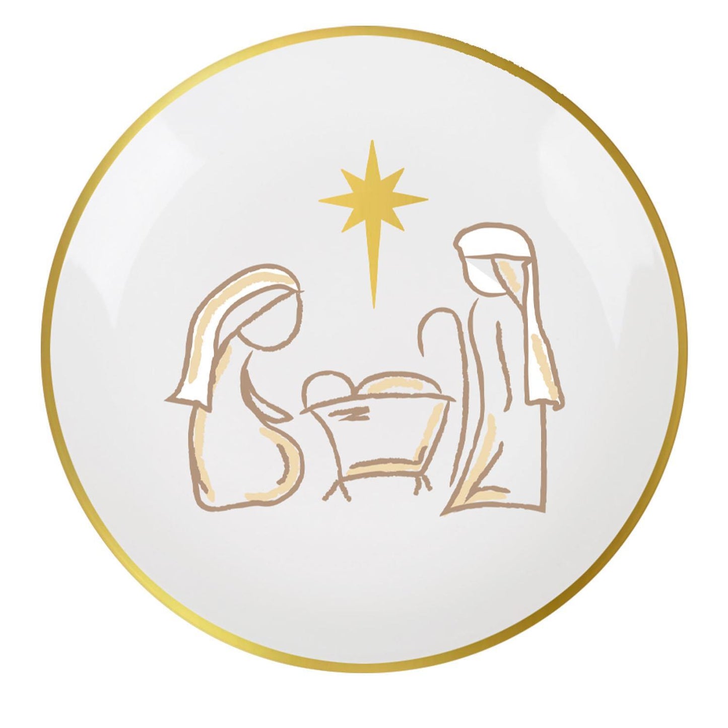 White Christmas Appetizer Plates feature a minimalist nativity scene with soft brown lines and a gold edge. Available in an 8-inch size.