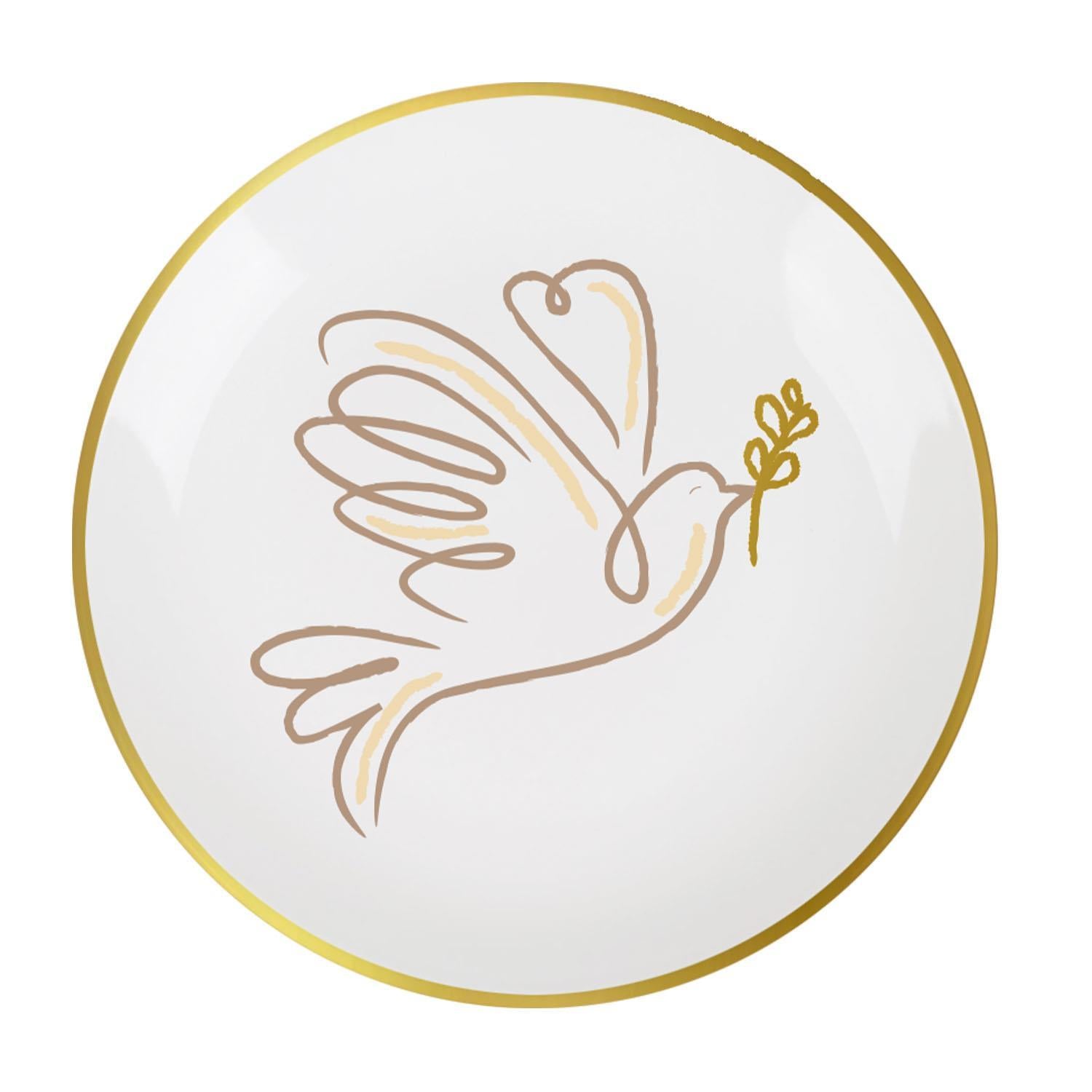 White Christmas Appetizer Plates: Gold-rimmed with a dove and olive branch design. Sizes available: Small, Medium.