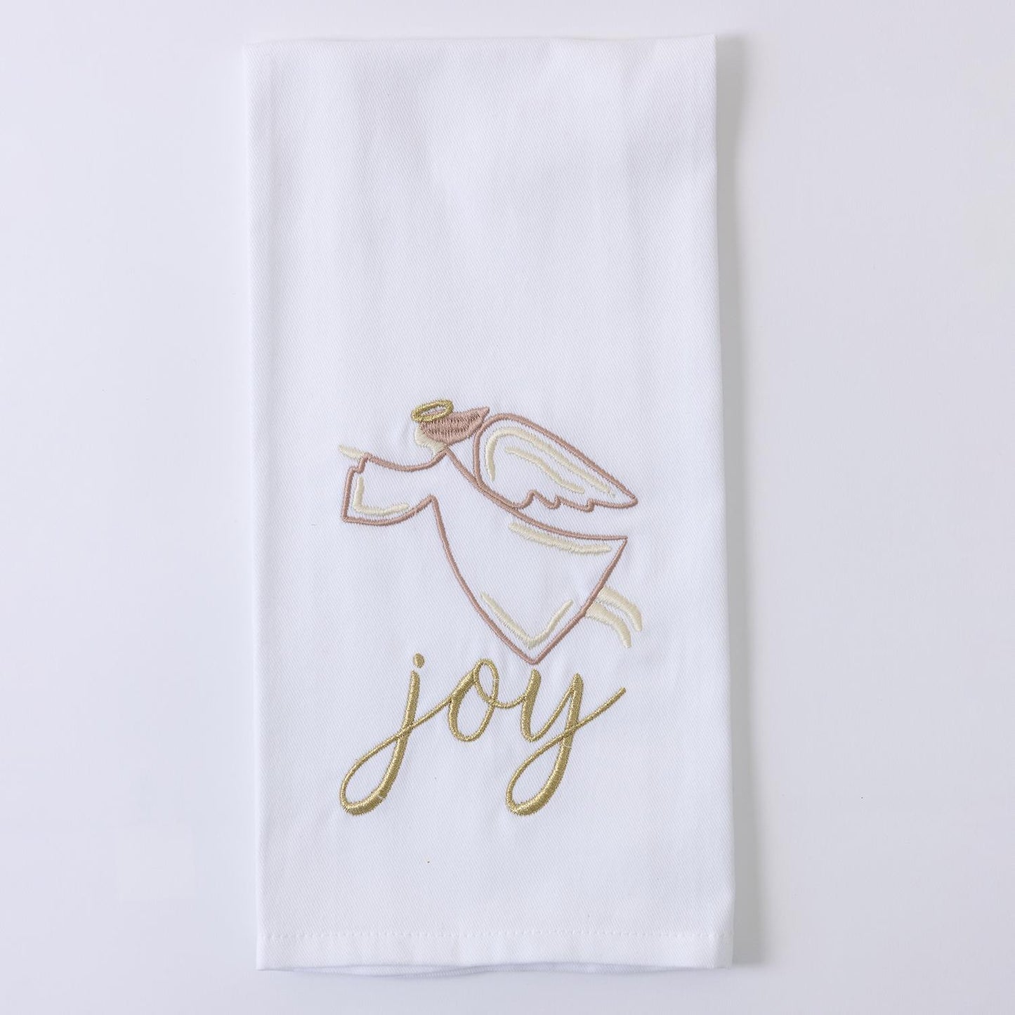 White Christmas Embroidered Tea Towels feature an angel and "joy" in gold thread. Available sizes: standard tea towel dimensions.