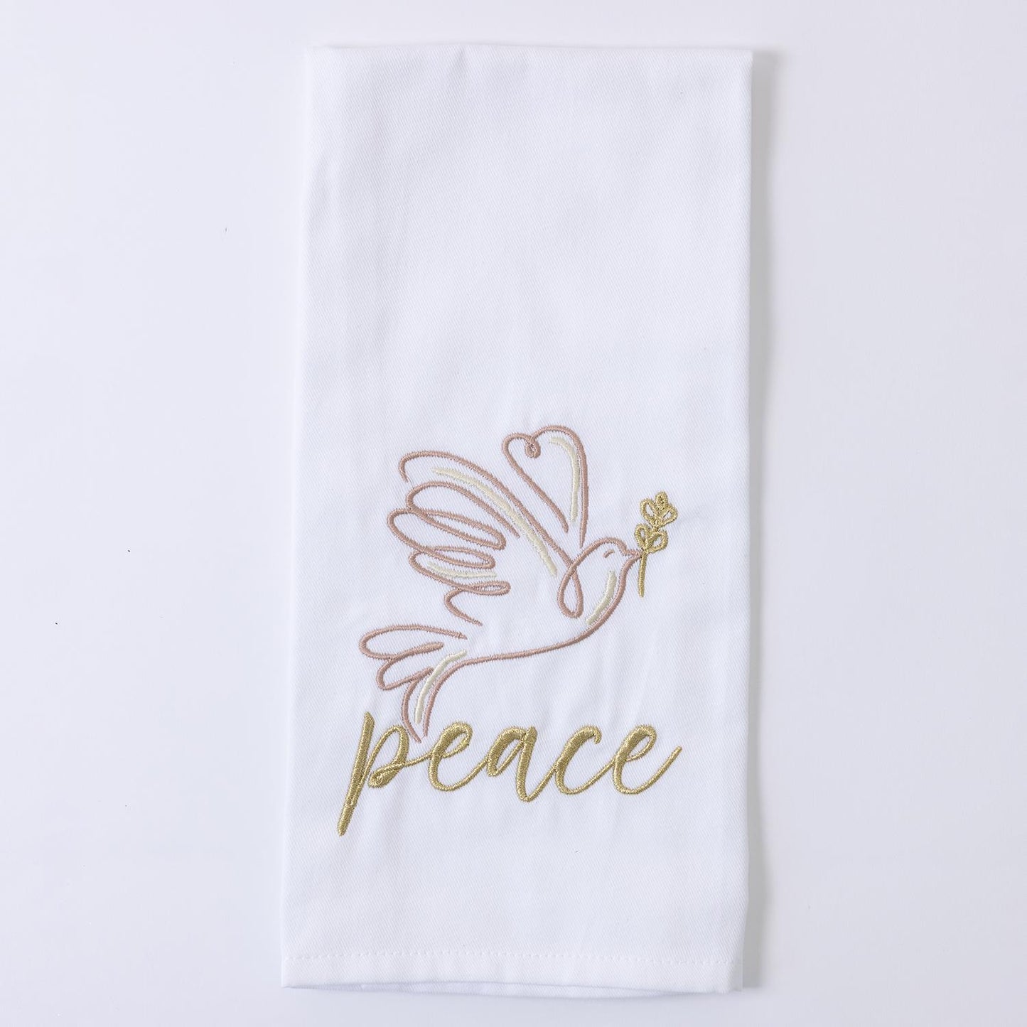 Elegant tea towel featuring an embroidered dove with an olive branch and the word "peace" in gold thread. Available size: 18" x 28".