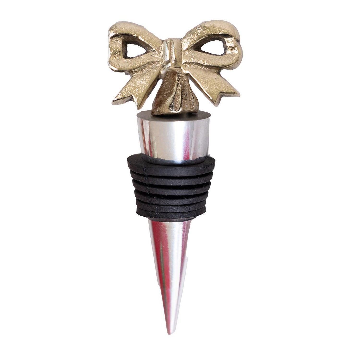 The Bow Wine Stopper features a golden bow design with a tapered silver base and black rubber rings for a tight seal. Available size: standard wine bottle stopper.