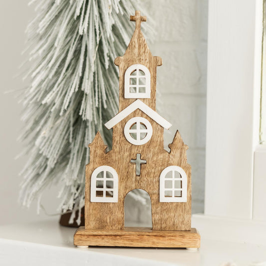 The Wood Rustic Church figurine features a white cross and circular windows. Sizes available: Small, Medium, Large.