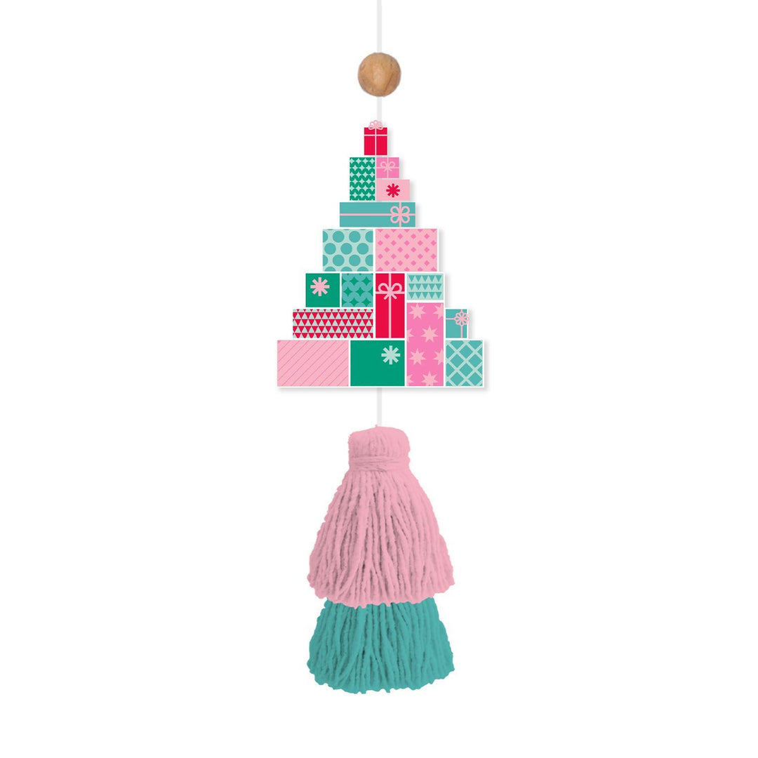 Holiday Car Air Freshener shaped like a Christmas tree of patterned gift boxes with a pink and teal tassel.