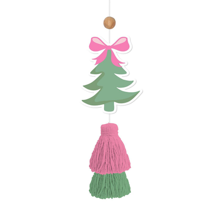 Holiday Christmas tree car air freshener with pink bow and yarn tassel.