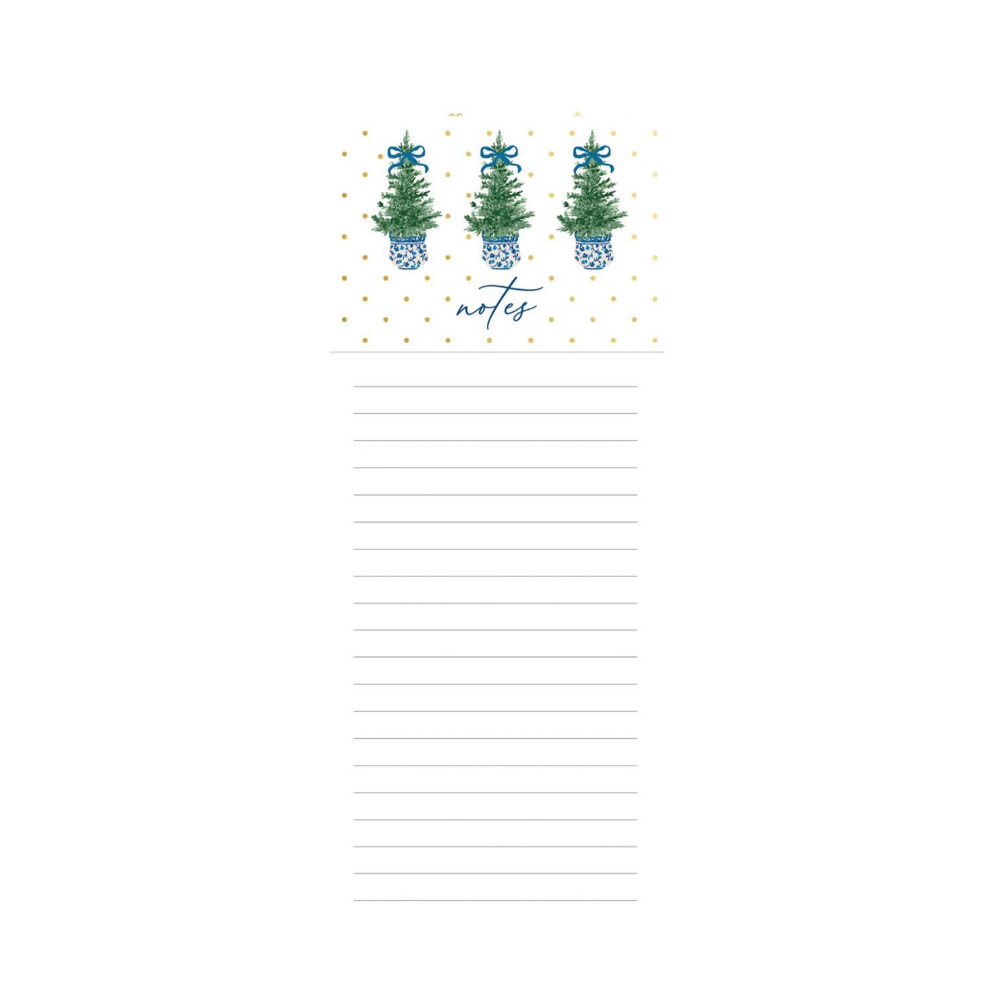 Festive Magnetic Notepads featuring decorated Christmas trees with blue bases and bows, "notes" inscription, gold polka dots, and lined sections. Available in size: 4x9 inches.