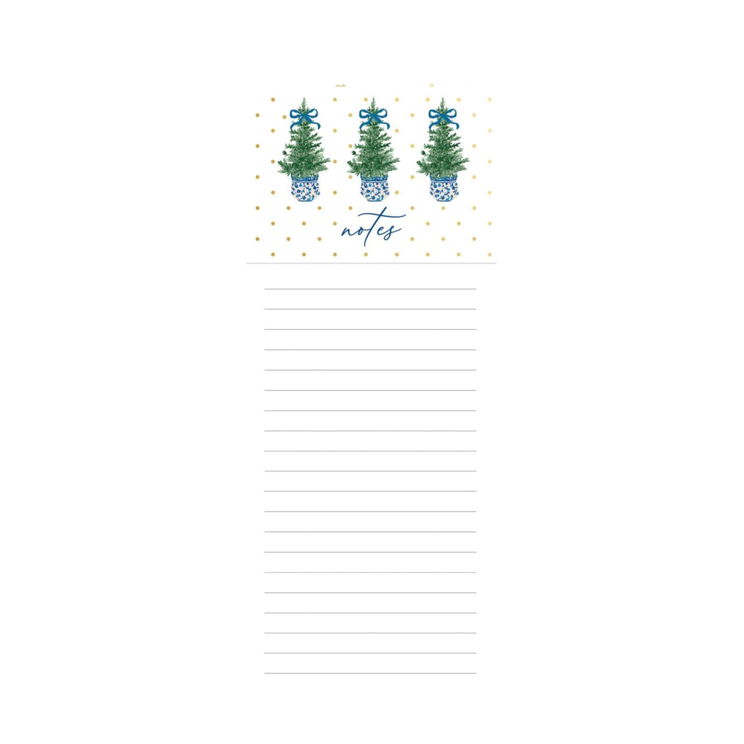 Festive Magnetic Notepads featuring decorated Christmas trees with blue bases and bows, "notes" inscription, gold polka dots, and lined sections. Available in size: 4x9 inches.