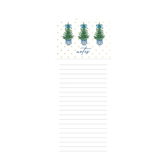 Festive Magnetic Notepads featuring decorated Christmas trees with blue bases and bows, "notes" inscription, gold polka dots, and lined sections. Available in size: 4x9 inches.