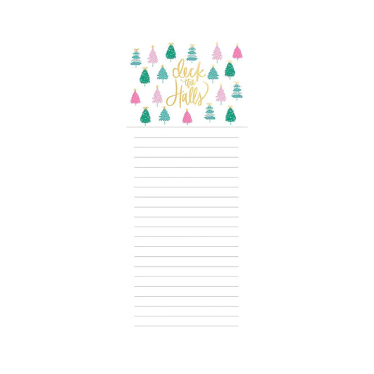 Festive Magnetic Notepads: Holiday-themed with "Deck the Halls" in gold, and Christmas tree background in pink, blue, and green. Available sizes: 4" x 9".