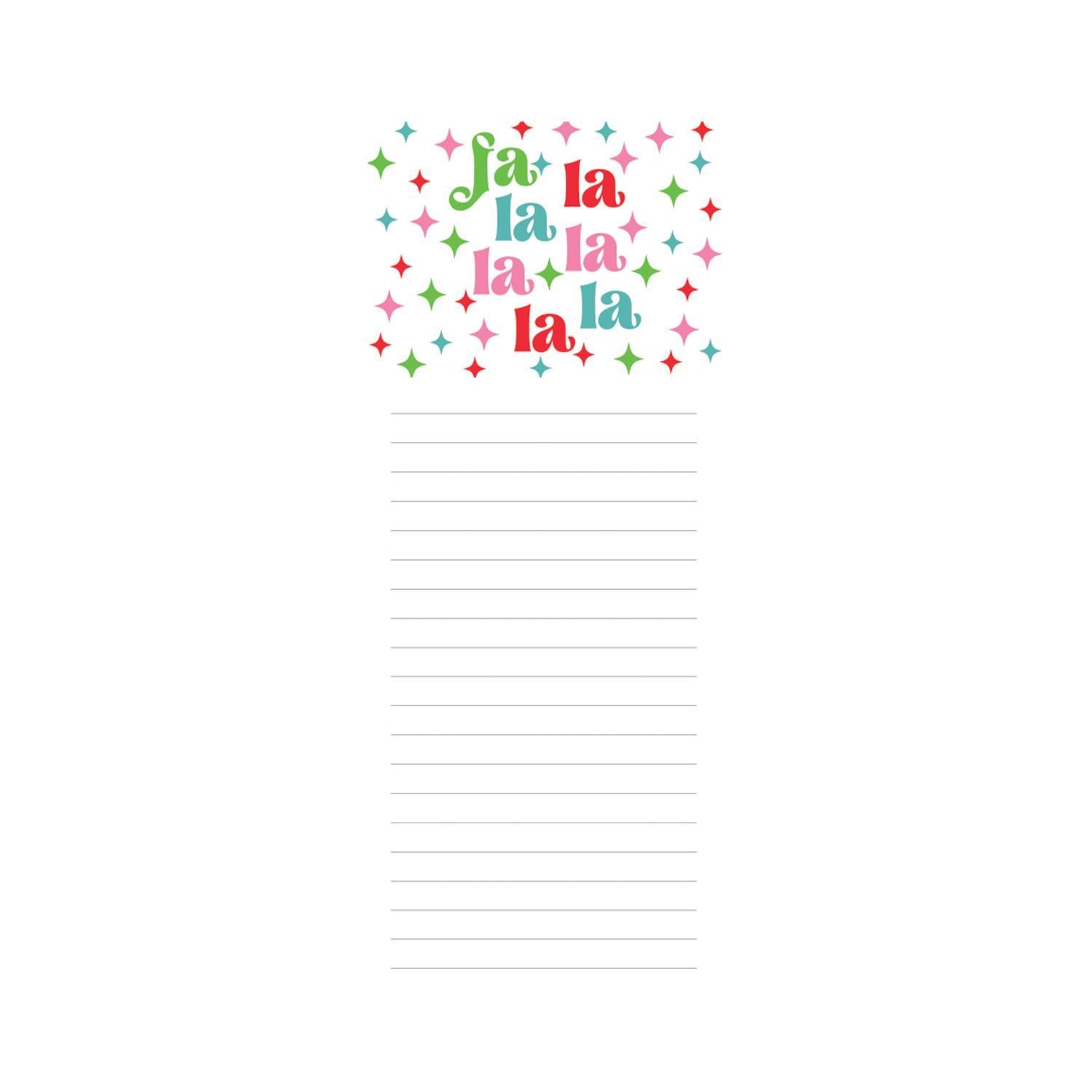 **Festive Magnetic Notepads**  
Features: "Fa la la la la" text with star shapes.  
Use: Lined spaces for notes and ideas.  
Sizes Available: Not specified.