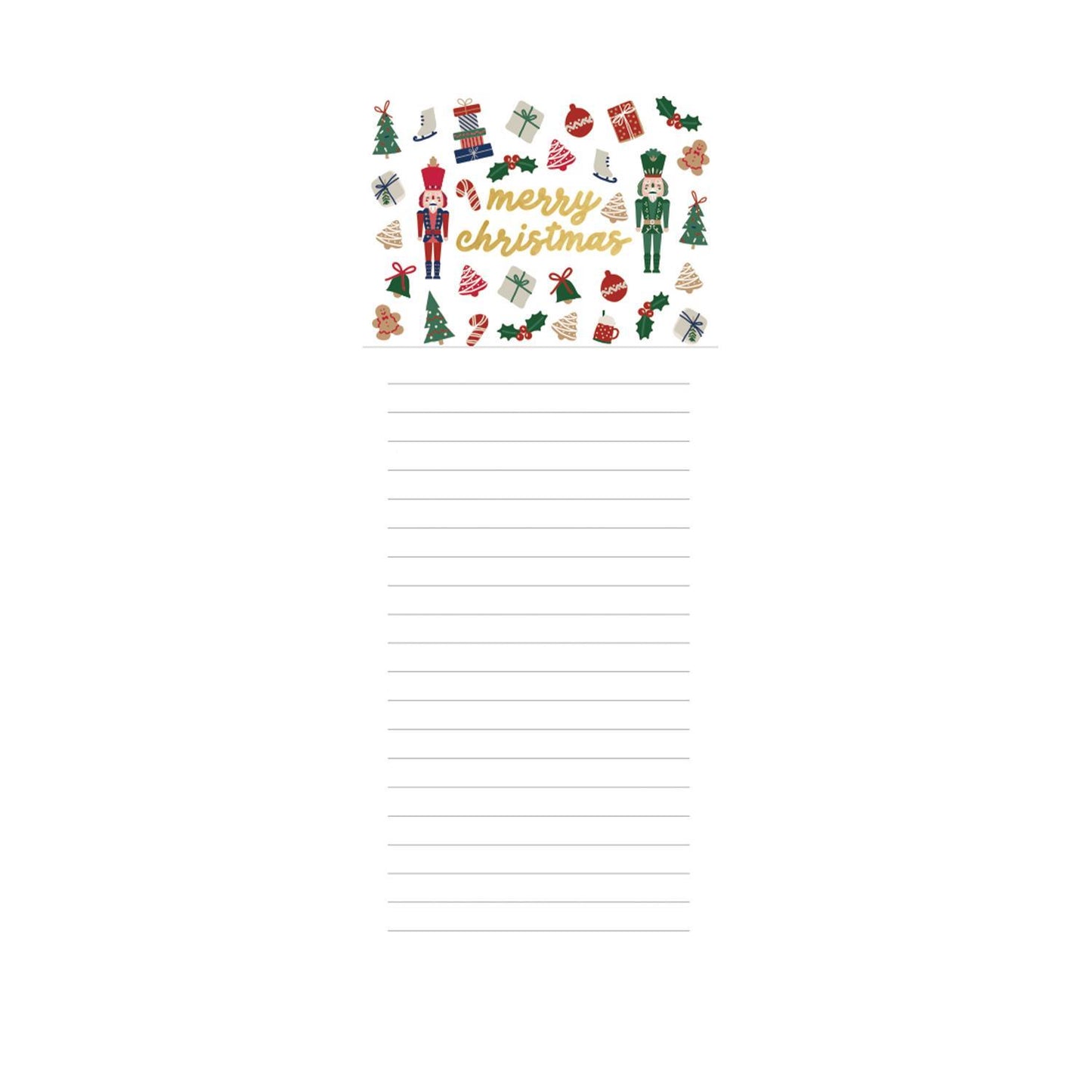 Festive Magnetic Notepads with "Merry Christmas" and holiday motifs like nutcrackers, presents, ornaments, holly, and Christmas trees. Lined paper for notes. Available sizes: Small, Medium.