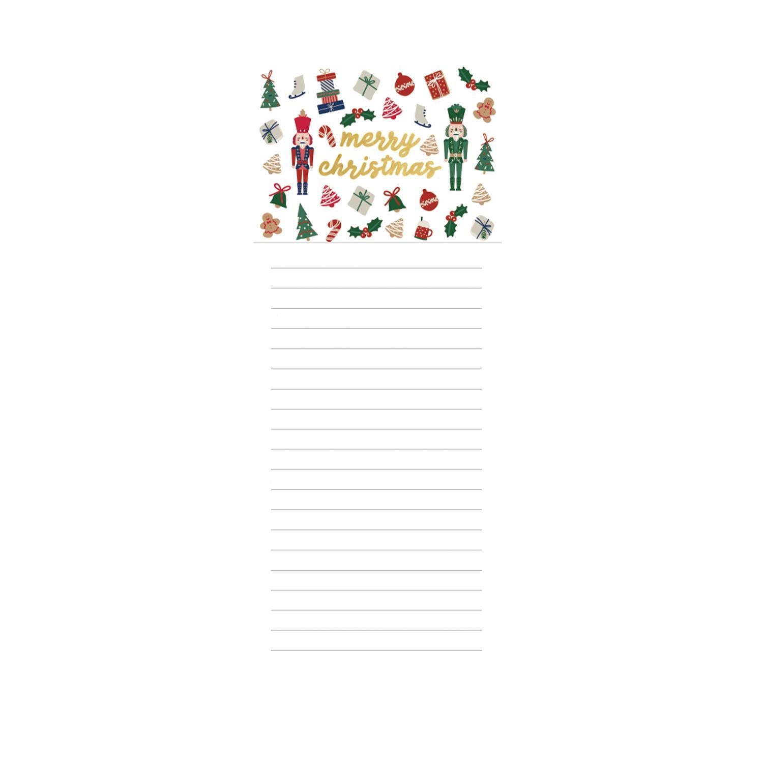 Festive Magnetic Notepads with "Merry Christmas" and holiday motifs like nutcrackers, presents, ornaments, holly, and Christmas trees. Lined paper for notes. Available sizes: Small, Medium.