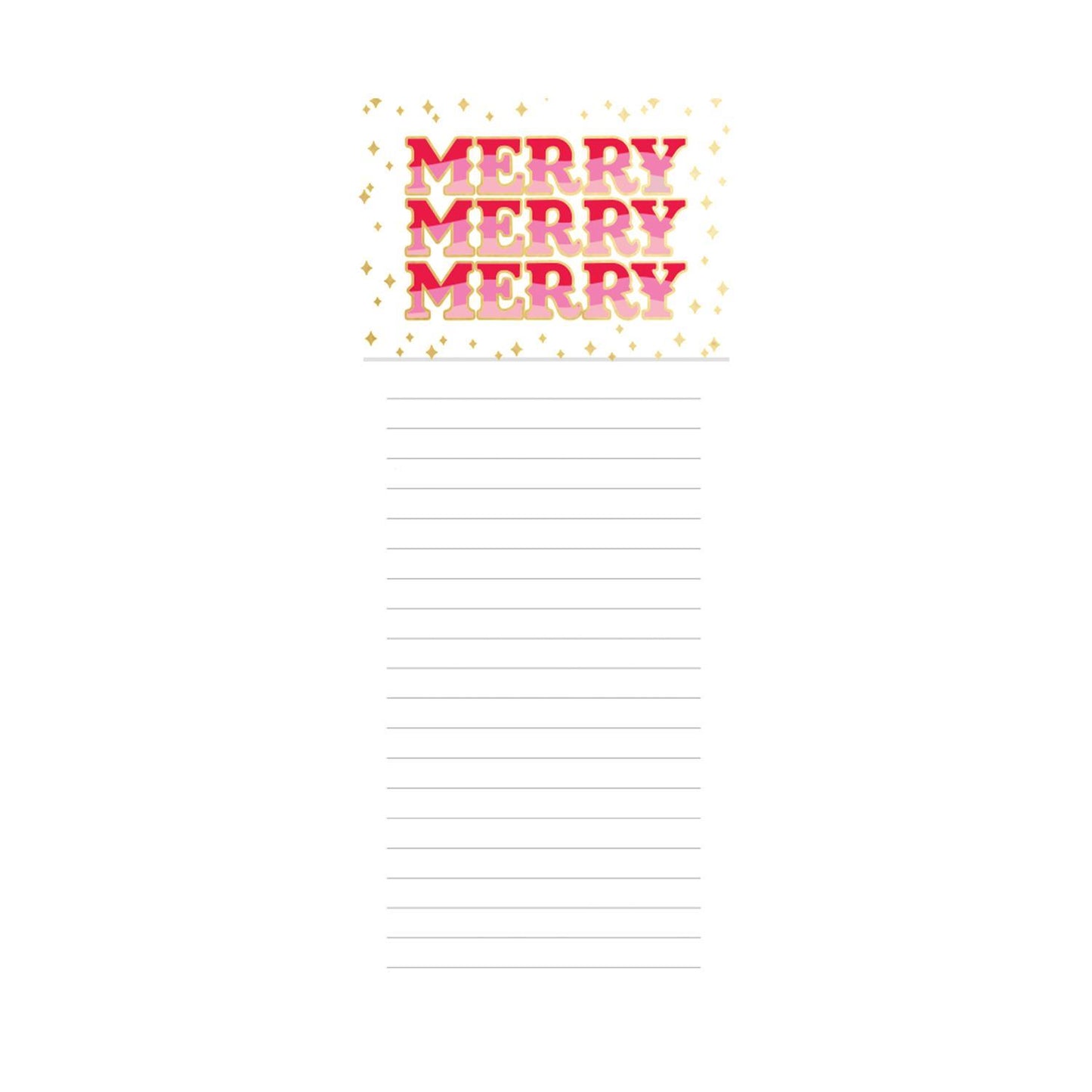 Festive Magnetic Notepads: Features "MERRY" in bold red, with gold and red stars. Lined bottom for notes. Available size: 4x9 inches.