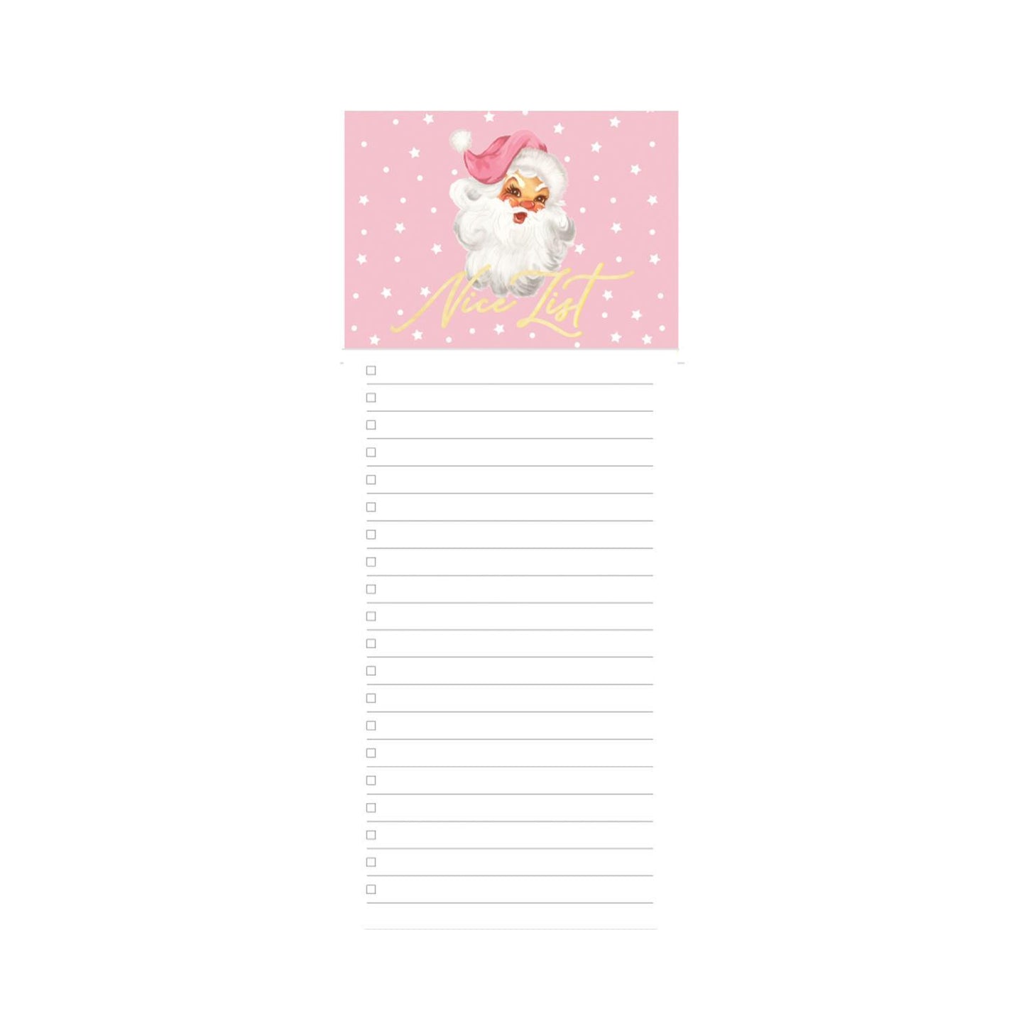 The Festive Magnetic Notepads feature Santa Claus in a pink hat on a starry background. Ideal for holiday planning, with a checklist of empty lines. Available sizes: 4x9 inches.