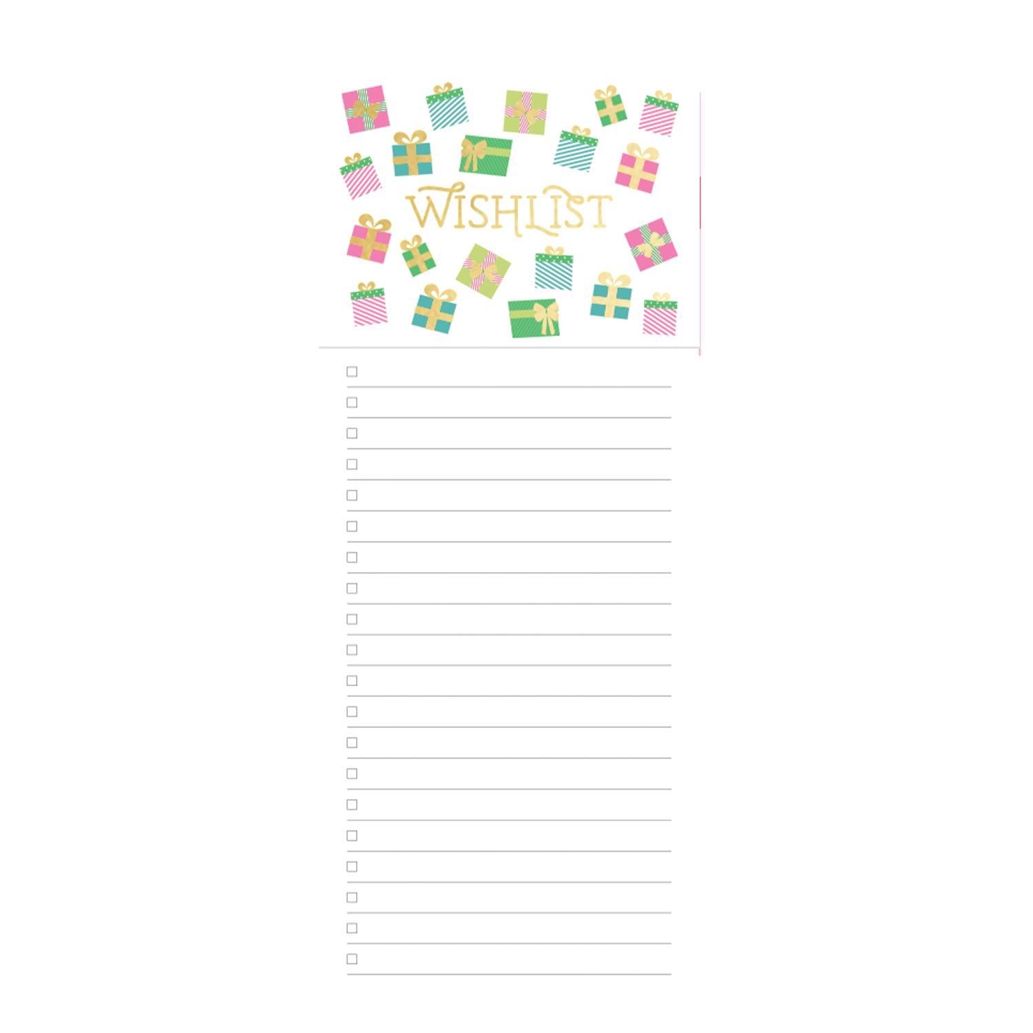 Festive Magnetic Notepads: Holiday wish list template with vibrant gift icons and "Wishlist" in gold script. Includes blank lines with checkboxes on a white background for organization. Available sizes: 4x9 inches.