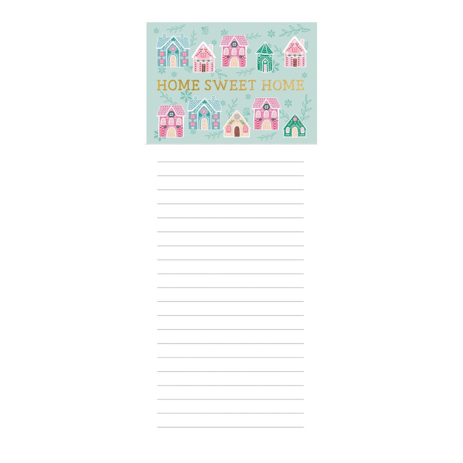 The Festive Magnetic Notepads display the phrase "Home Sweet Home" with colorful house illustrations in pink, blue, and green. The bottom section is lined for notes. Available size: 4x9 inches.