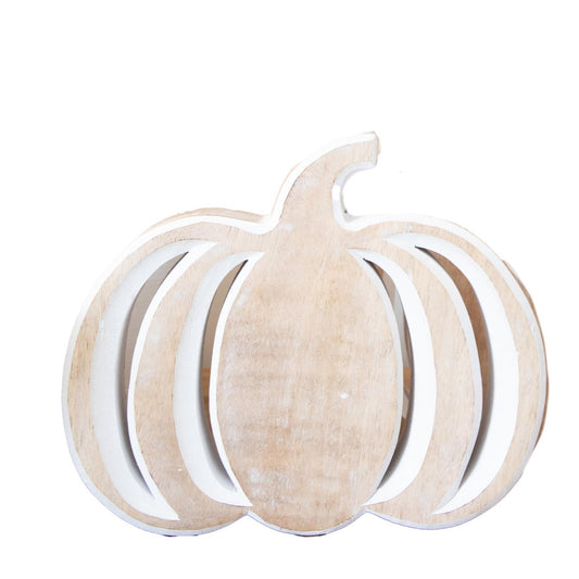 White Washed Wood Pumpkin: Decorative cutout with a natural finish, showcasing simple rustic design. Hollow sections outline the pumpkin shape, with smooth edges. Sizes available: Small, Medium, Large.