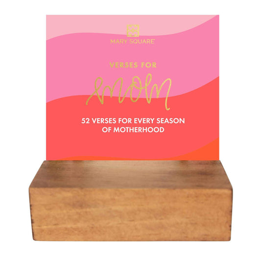 The Mom Card Block includes a pink and orange card with gold and white text on a wooden stand. Available in one size.