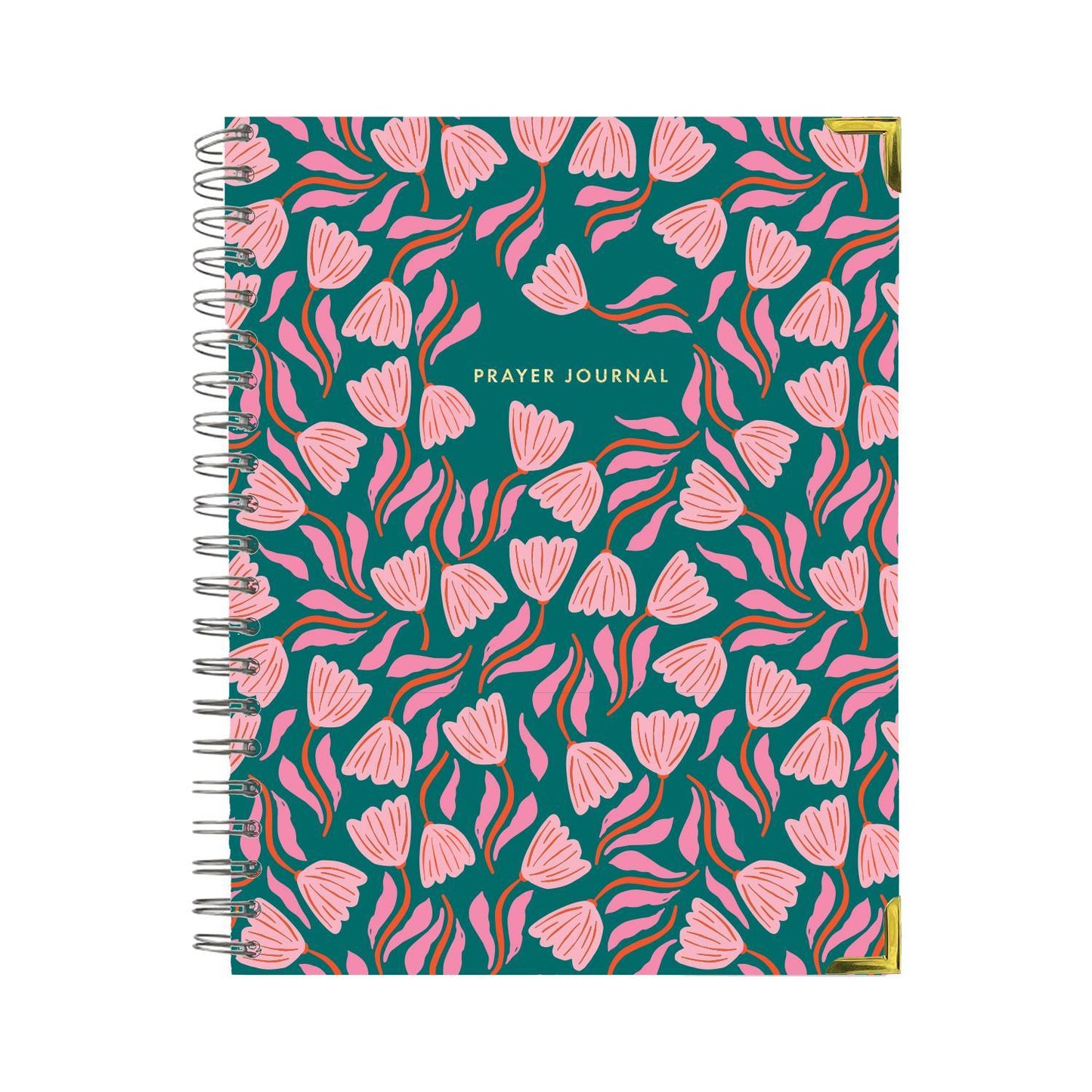 The "Prayer Journal in Garden Path" is a spiral-bound journal featuring a blue cover with pink and red floral designs. The title "PRAYER JOURNAL" is printed in white at the center. Corners are reinforced with gold protectors for durability. Sizes available: 6"x8".