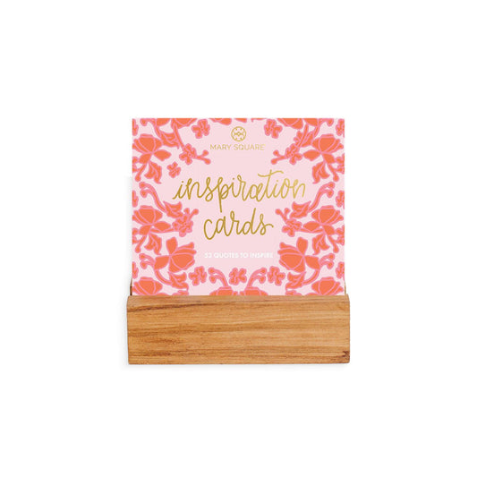 The "Inspiration Card Block" offers 52 motivational quotes with pink floral patterns and gold text, presented in a wooden stand. Available size: One size.