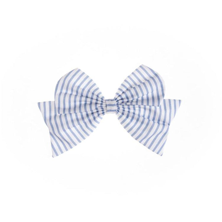Fabric Magnetic Bows in blue and white stripes with two loops and two tails. Available sizes: small, medium, large.