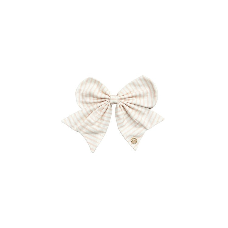 Large pastel pink and white striped magnetic fabric bow with two long tails, small gold button; available in multiple sizes.