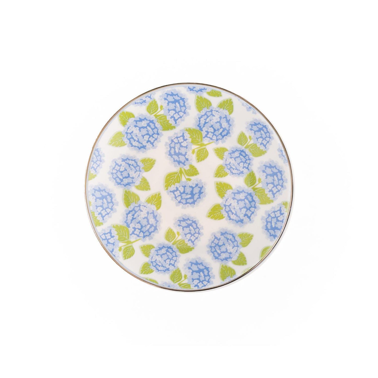 The Hydrangea Appetizer Plate is round, white with a blue hydrangea and green leaves floral pattern. Available in 8-inch diameter.