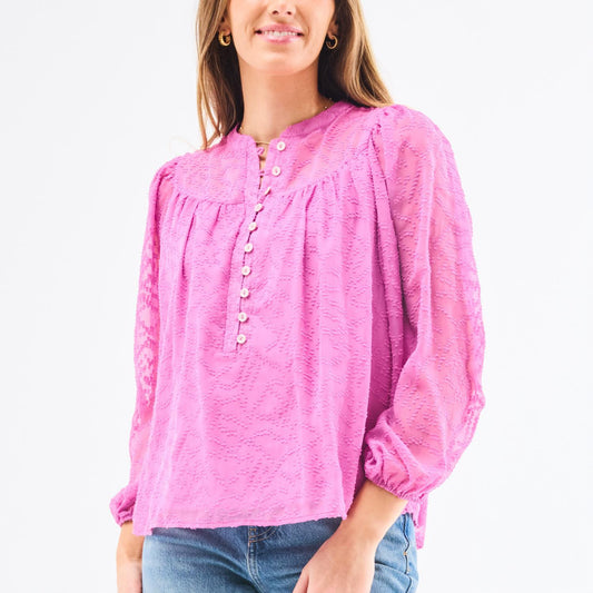 Brianna Crocus Pink Top: textured pink chiffon, white buttons. Available in sizes XS-XL.