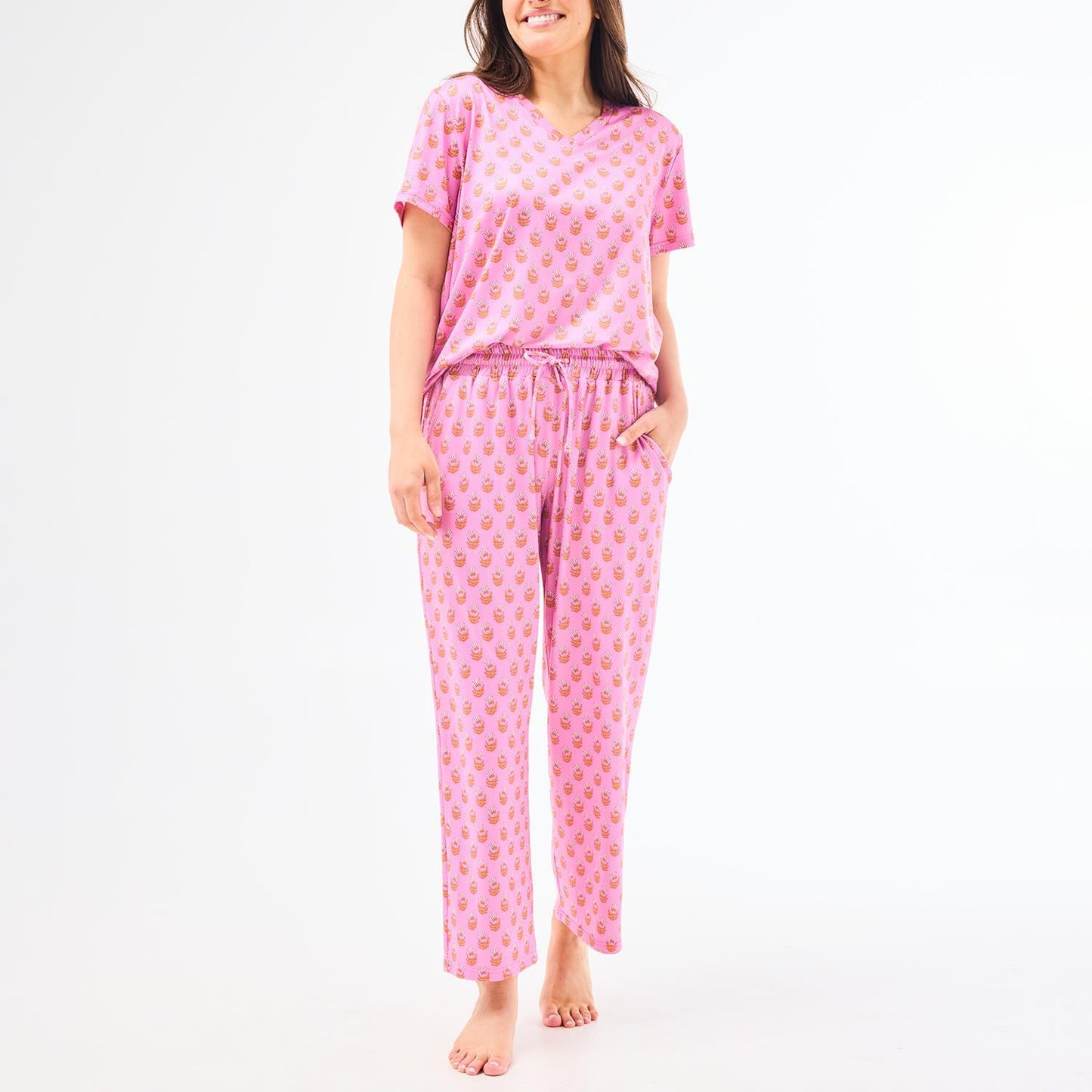 Alli Floral Foulard Pink Pajama Set in ButterSoft fabric, available in sizes XS–XL.