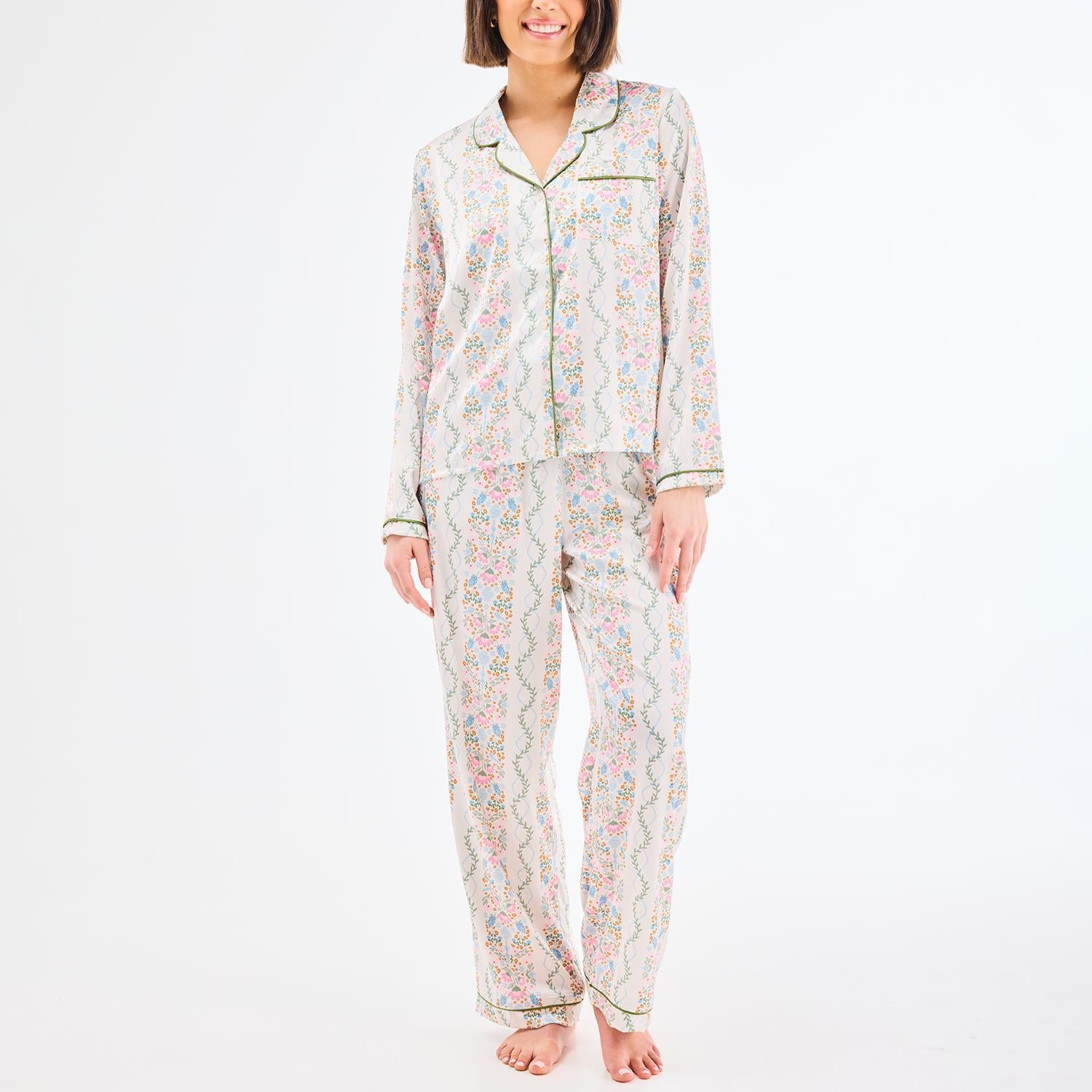 Charlotte Ivy Lane Ivory Pant Set: Long-sleeved button-up top and adjustable drawstring pants in breathable fabric with light floral print. Available in sizes XS–XL.