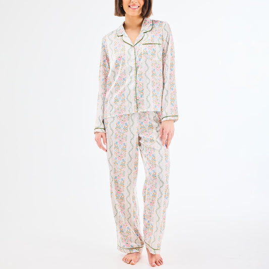 Charlotte Ivy Lane Ivory Pant Set: Long-sleeved button-up top and adjustable drawstring pants in breathable fabric with light floral print. Available in sizes XS–XL.
