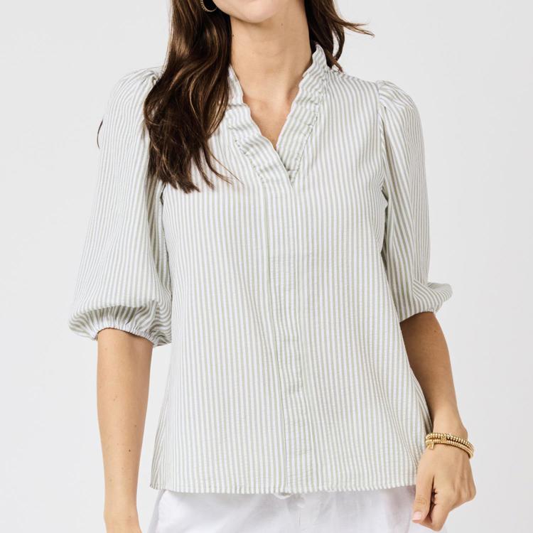 Brynn Seersucker Top in seafoam and white with long sleeves, vertical stripes, ruffle mock neckline. Sizes XS-XL.