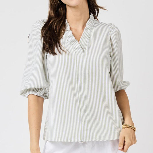 Brynn Seersucker Top in seafoam and white with long sleeves, vertical stripes, ruffle mock neckline. Sizes XS-XL.