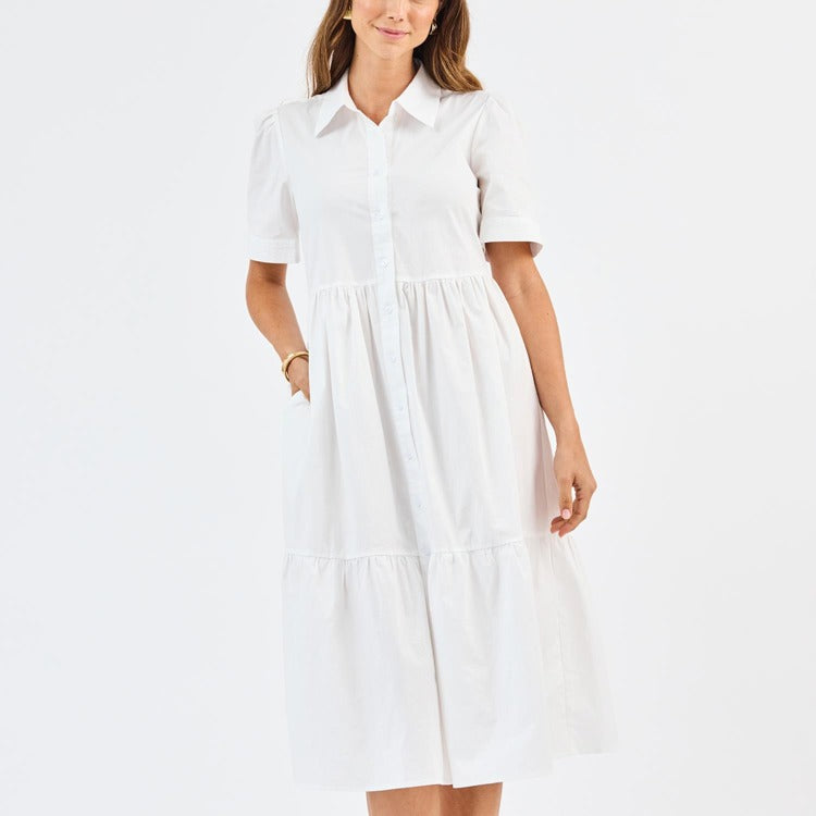 Jema White Dress: breathable, collared, short-sleeve, button-down midi with tiered skirt and pockets. Available in sizes XS–XL.