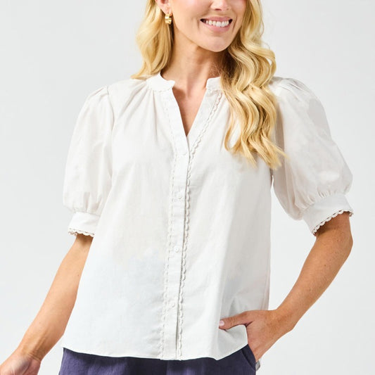 Elaine White Top with puff sleeves, lace details, v-neckline, and button-down front. Available in sizes XS–XL.