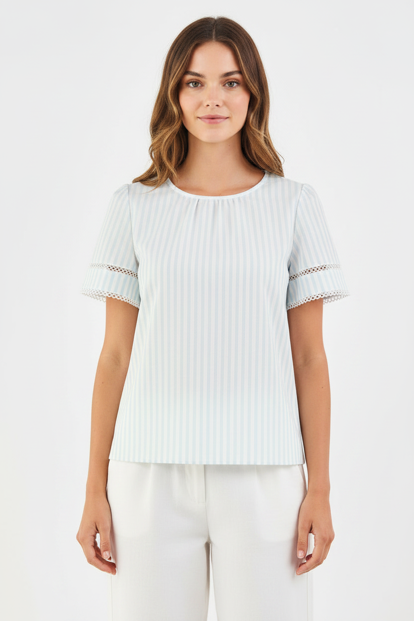 Tabby Pin Stripe Blue Top: light blue and white vertical stripes, lace trim on sleeves. Available in sizes XS-XL.