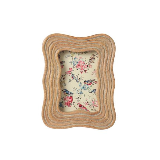 4"x6" Grey Wash Deco Frame with wavy edges, decorative bird and floral insert, "iki" printed in design.