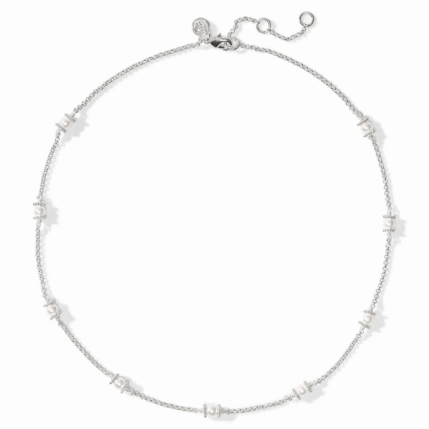Small white shell pearl clusters on silver-plated adjustable chain; round charm at clasp. Available in multiple sizes.