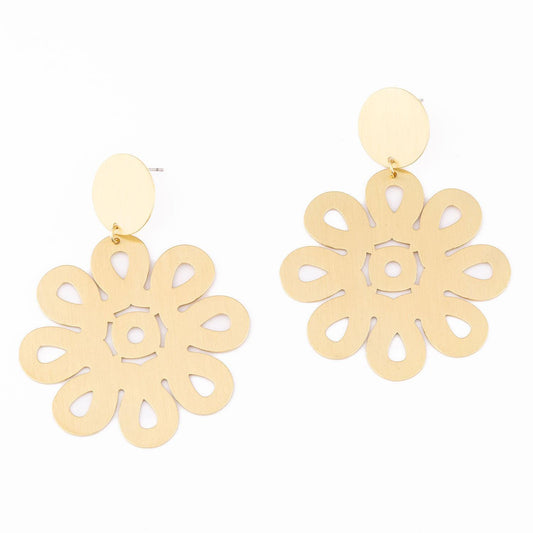 Gold-tone, matte dangle earrings with flat flower pendants and petal cutouts. Hypoallergenic. Sizes: small, medium, large.