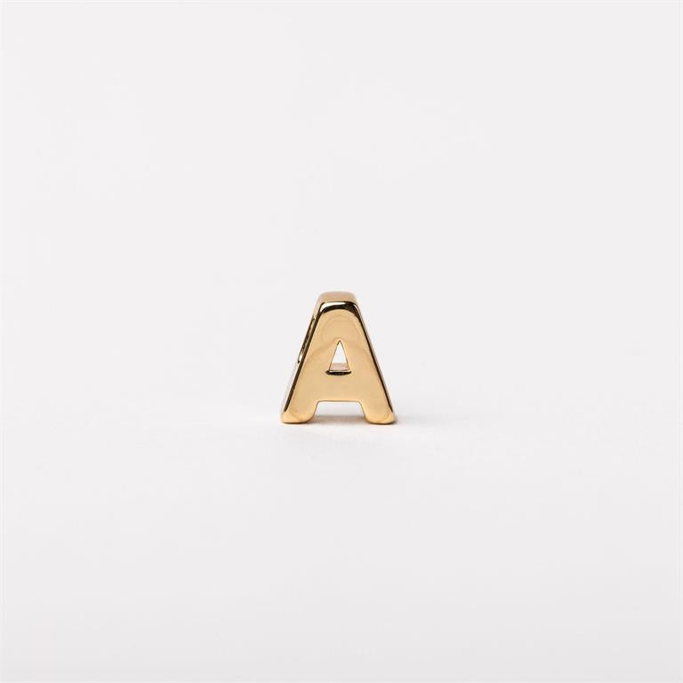 Small gold three-dimensional letter "A" charm; available in multiple sizes for customizable necklace options.
