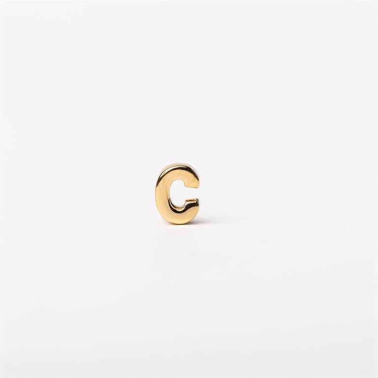 Small, shiny gold letter "C" charm. Available sizes: small.
