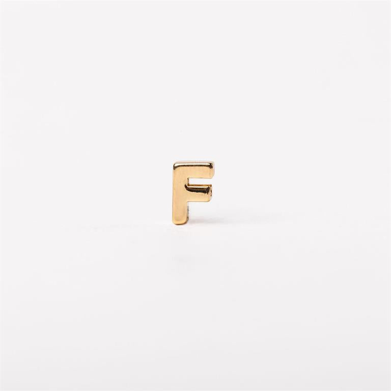 Small gold-colored letter "F" charm, available in multiple sizes, designed for customization.