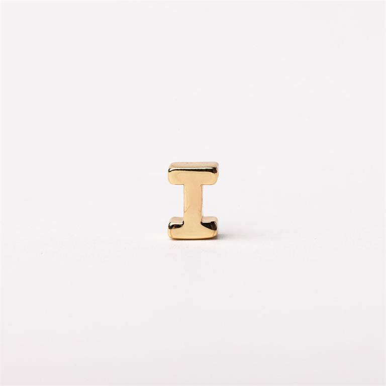Gold metallic letter "I" charm for necklaces; available in small size; ideal for personalized jewelry.