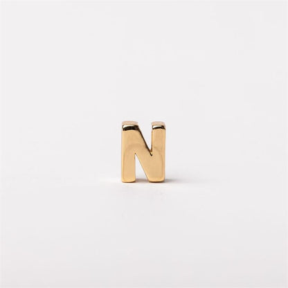 Shiny gold-colored metallic letter "N" charm for necklaces, available in multiple sizes, customizable accent.